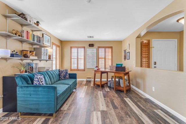 living room with dark wood-type flooring