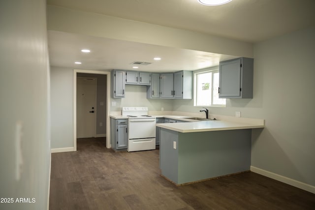 kitchen featuring sink, dark hardwood / wood-style floors, gray cabinets, kitchen peninsula, and electric range