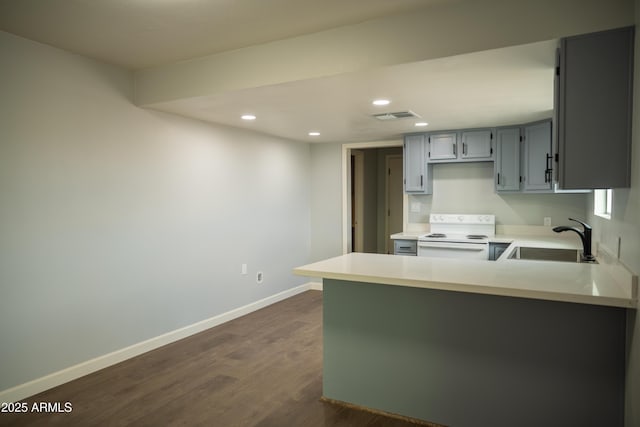 kitchen featuring gray cabinetry, sink, electric range, kitchen peninsula, and dark wood-type flooring