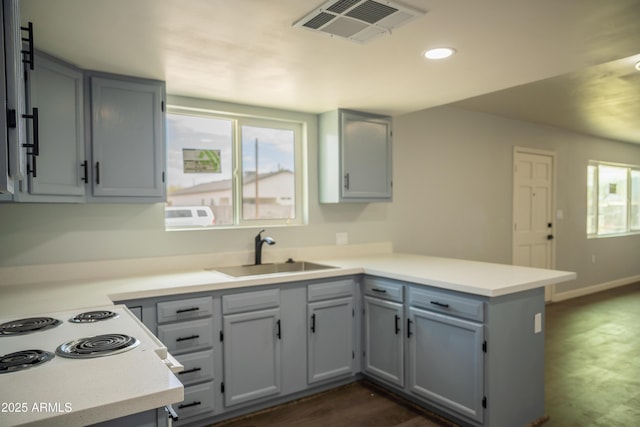 kitchen with dark hardwood / wood-style flooring, sink, gray cabinets, and kitchen peninsula