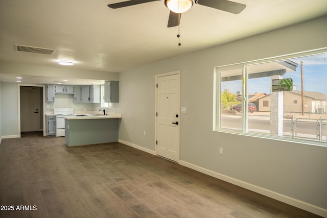 kitchen with white range with electric cooktop, kitchen peninsula, sink, gray cabinetry, and dark hardwood / wood-style floors