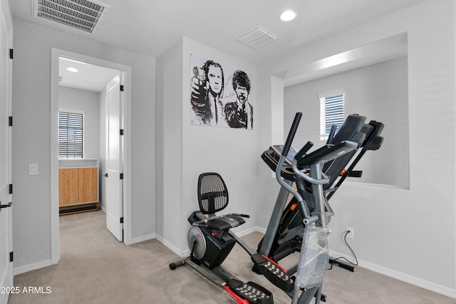 exercise room with recessed lighting, visible vents, baseboards, and carpet flooring