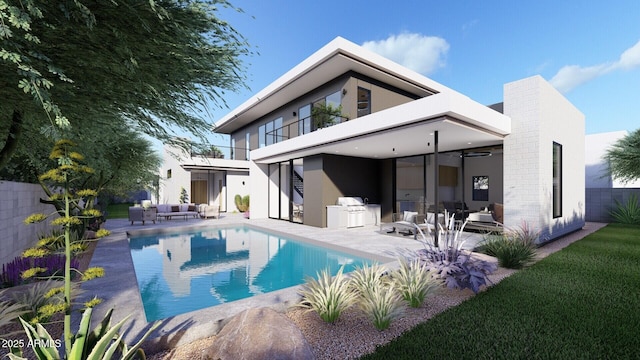 rear view of house with a fenced in pool, ceiling fan, outdoor lounge area, a patio area, and a balcony