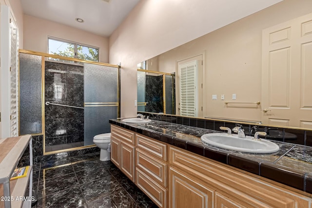 bathroom featuring toilet, vanity, and a shower with shower door