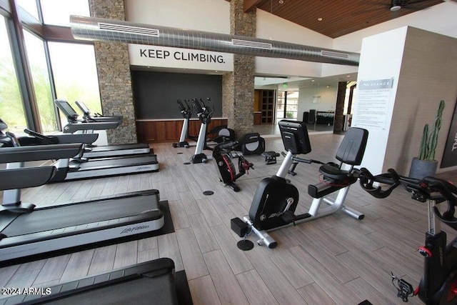 exercise room with high vaulted ceiling, a healthy amount of sunlight, and wood ceiling