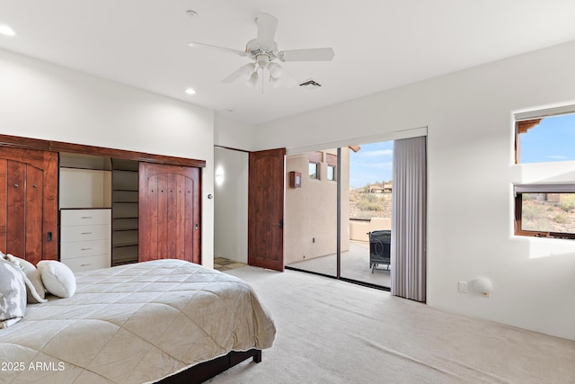 bedroom featuring visible vents, ceiling fan, access to outside, carpet floors, and recessed lighting