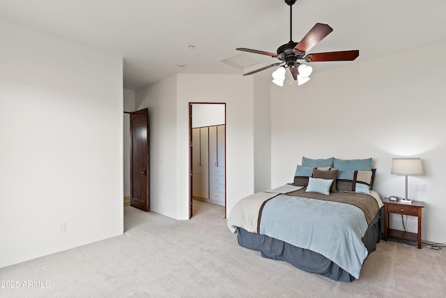 bedroom with ceiling fan and carpet flooring