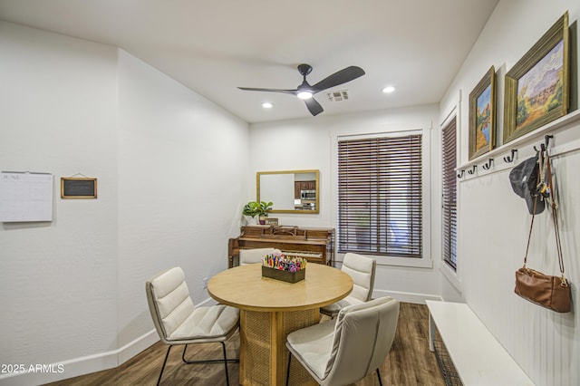 4609 E Ironhorse Rd, Gilbert, AZ 85297 - dining space featuring dark wood-type flooring, baseboards, a ceiling fan, and recessed lighting