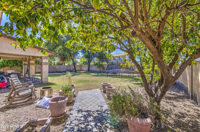4609 E Ironhorse Rd, Gilbert, AZ 85297 - view of yard featuring a trampoline, a patio, and a fire pit