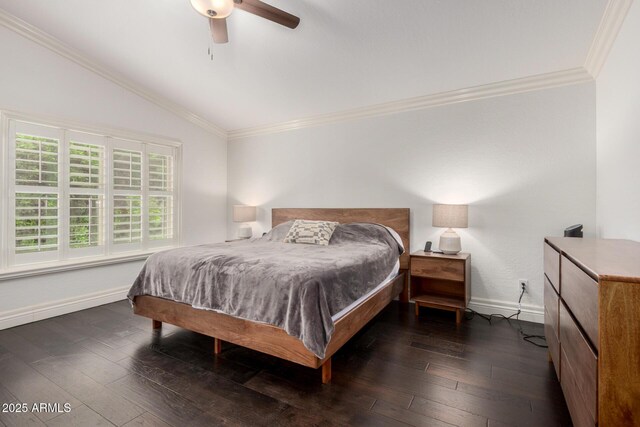 2026 E Cortez Dr, Gilbert, AZ 85234 - bedroom with lofted ceiling, crown molding, hardwood / wood-style flooring, baseboards, and ceiling fan