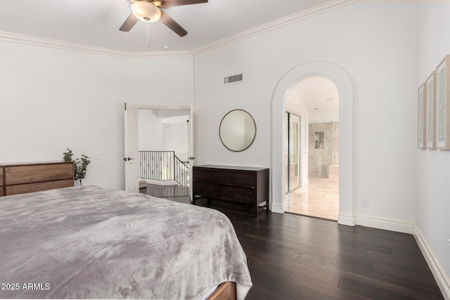 2026 E Cortez Dr, Gilbert, AZ 85234 - bedroom with arched walkways, dark wood-style floors, baseboards, ornamental molding, and ceiling fan