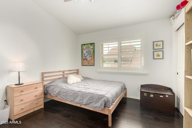 2026 E Cortez Dr, Gilbert, AZ 85234 - bedroom with dark wood-style flooring, vaulted ceiling, and baseboards