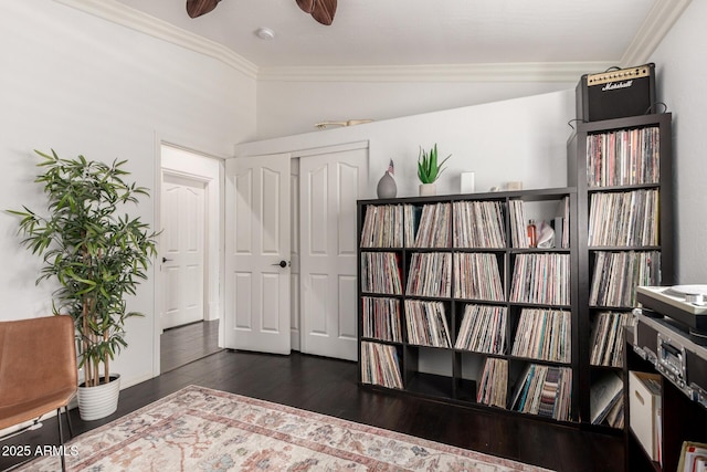 2026 E Cortez Dr, Gilbert, AZ 85234 - living area featuring ornamental molding, wood finished floors, and a ceiling fan