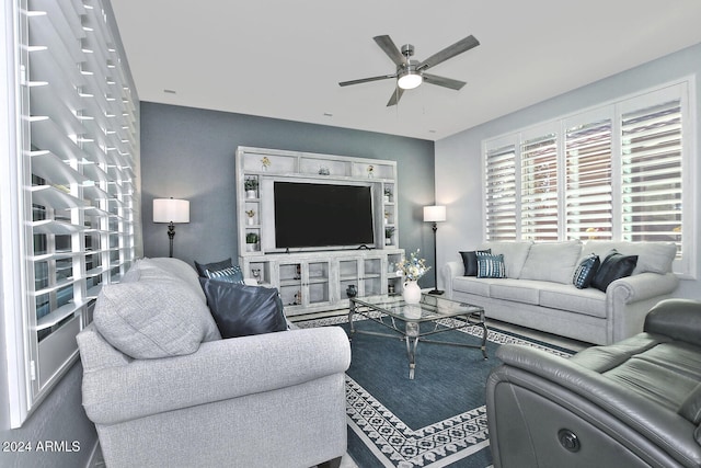 living room with ceiling fan