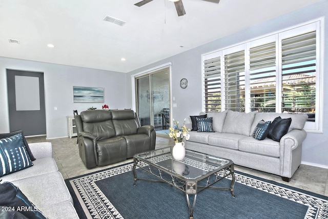 living room featuring ceiling fan