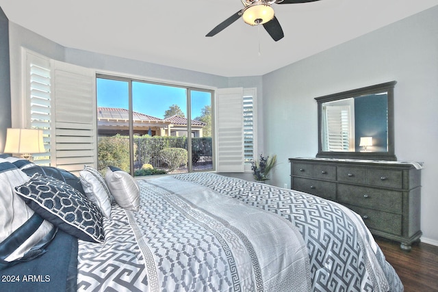 bedroom featuring ceiling fan and dark hardwood / wood-style flooring