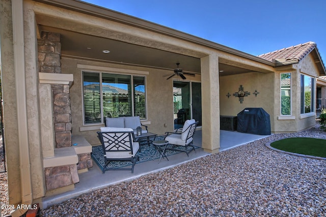 view of patio / terrace featuring outdoor lounge area, ceiling fan, and a grill