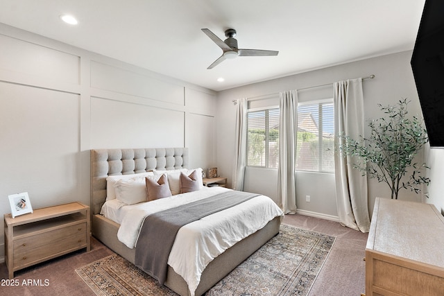 bedroom with carpet floors, a ceiling fan, and recessed lighting