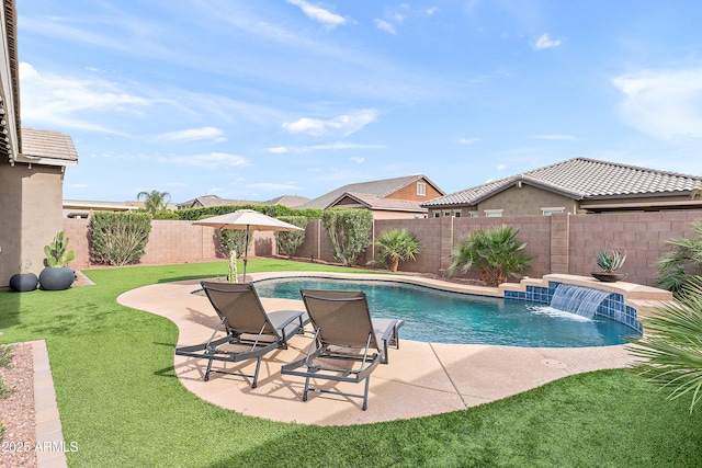 view of pool with a fenced backyard, a fenced in pool, a lawn, and a patio