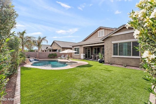view of pool featuring a fenced in pool, a fenced backyard, a patio area, and a yard