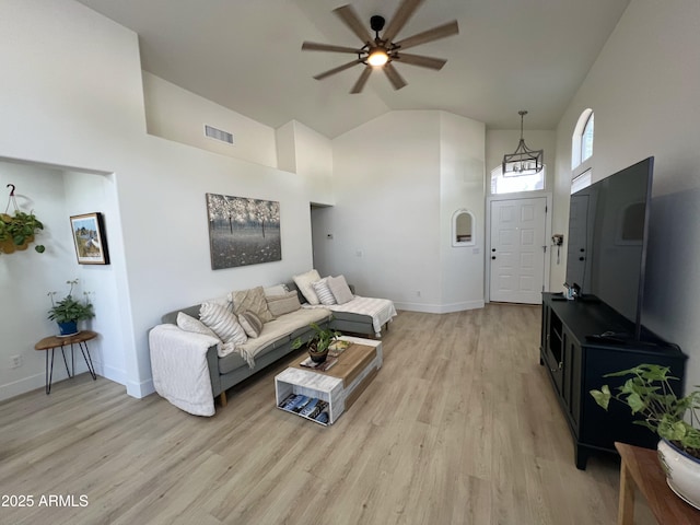 4925 W Bluefield Ave, Glendale, AZ 85308 - living room featuring high vaulted ceiling, light wood-style flooring, and ceiling fan