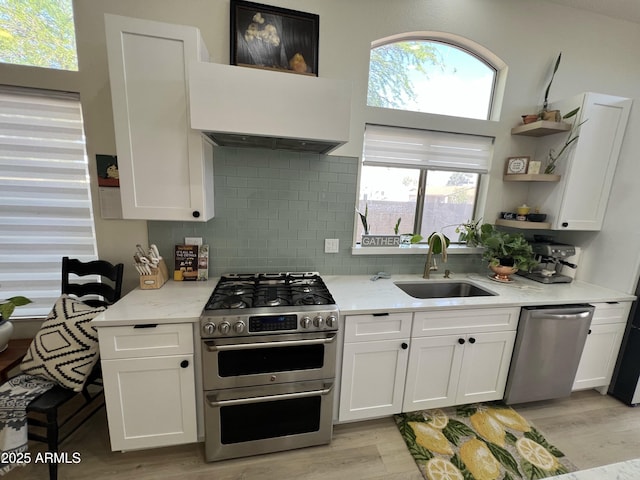 4925 W Bluefield Ave, Glendale, AZ 85308 - kitchen with appliances with stainless steel finishes, backsplash, light wood-style flooring, and white cabinets