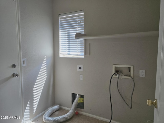 laundry room with laundry area, baseboards, tile patterned floors, electric dryer hookup, and washer hookup
