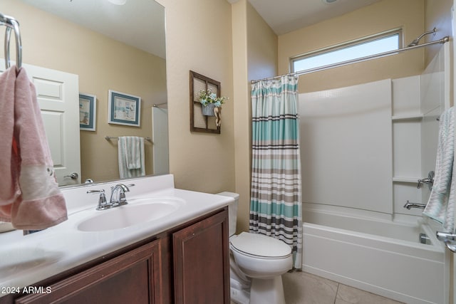 full bathroom featuring vanity, shower / bath combo, toilet, and tile patterned flooring