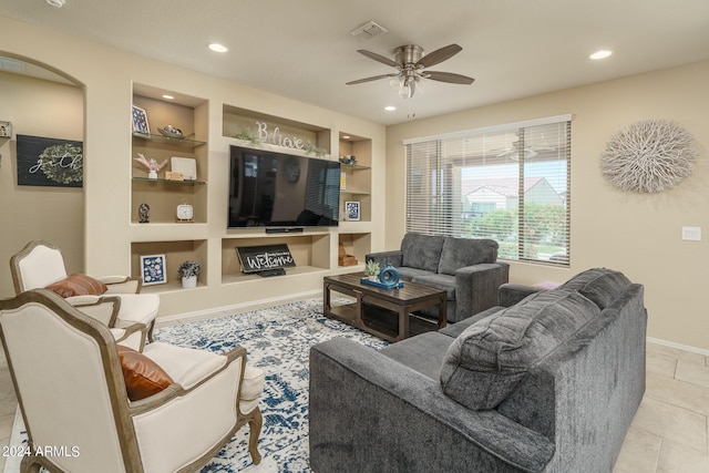 26404 W Zachary Dr, Buckeye, AZ 85396 - tiled living room featuring ceiling fan, built in features, visible vents, and recessed lighting