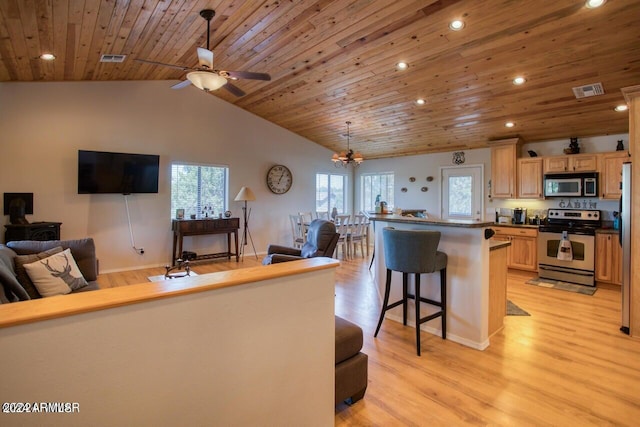 living room with wood ceiling, light hardwood / wood-style flooring, ceiling fan, and a healthy amount of sunlight