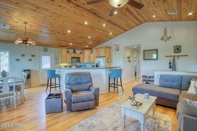 living room with wooden ceiling, ceiling fan with notable chandelier, high vaulted ceiling, and light wood-type flooring