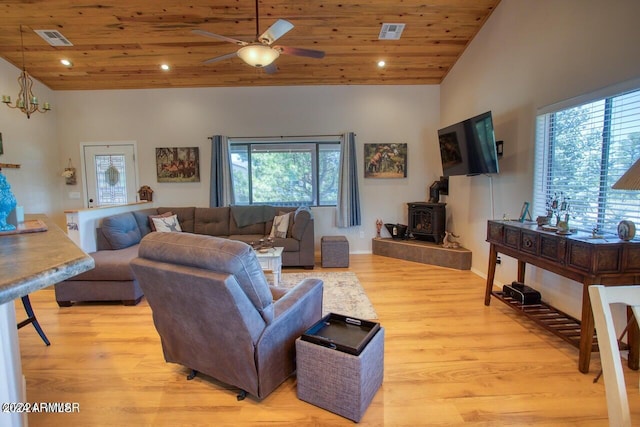 living room featuring ceiling fan, plenty of natural light, light hardwood / wood-style flooring, and wood ceiling