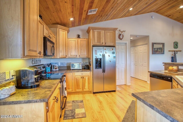 kitchen with appliances with stainless steel finishes, lofted ceiling, light hardwood / wood-style floors, and wood ceiling