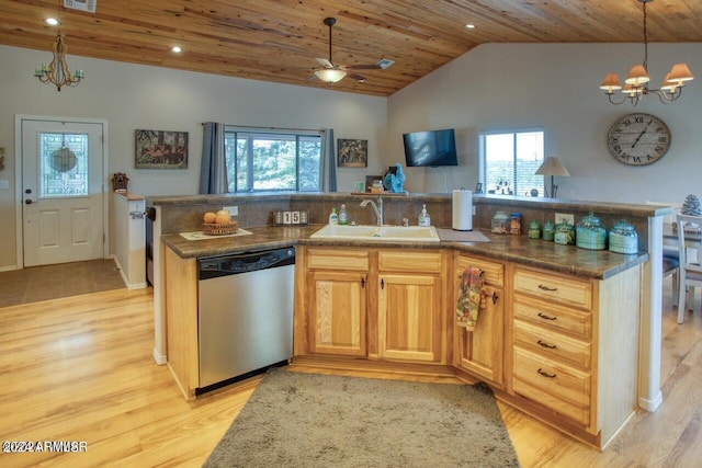 kitchen with a wealth of natural light, stainless steel dishwasher, and wood ceiling