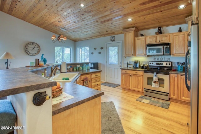 kitchen with appliances with stainless steel finishes, light hardwood / wood-style floors, sink, wooden ceiling, and hanging light fixtures