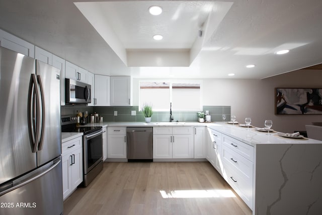 kitchen with white cabinets, backsplash, light hardwood / wood-style floors, kitchen peninsula, and stainless steel appliances