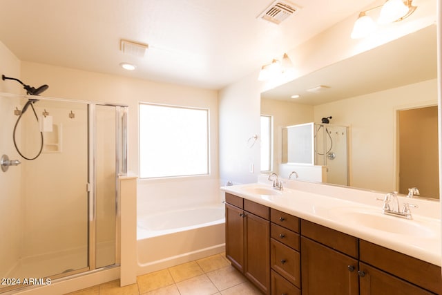 bathroom with vanity, separate shower and tub, and tile patterned flooring