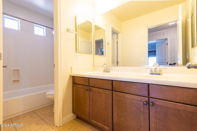 full bathroom featuring toilet, shower / tub combination, vanity, and tile patterned flooring