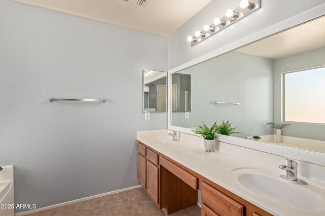 full bath featuring double vanity, visible vents, baseboards, and a sink