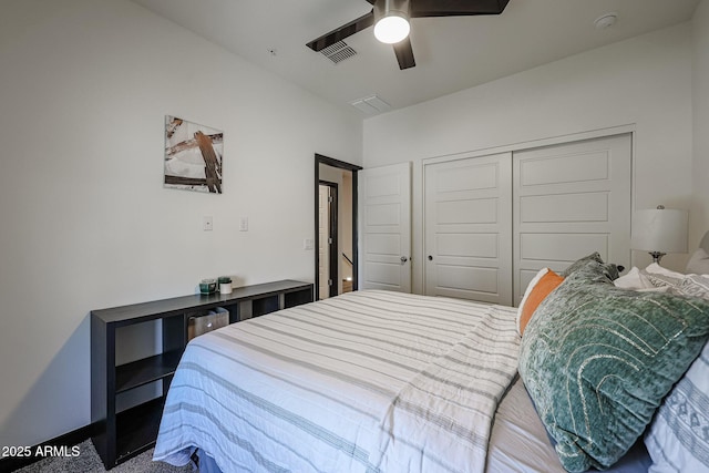 bedroom with a ceiling fan, a closet, and visible vents