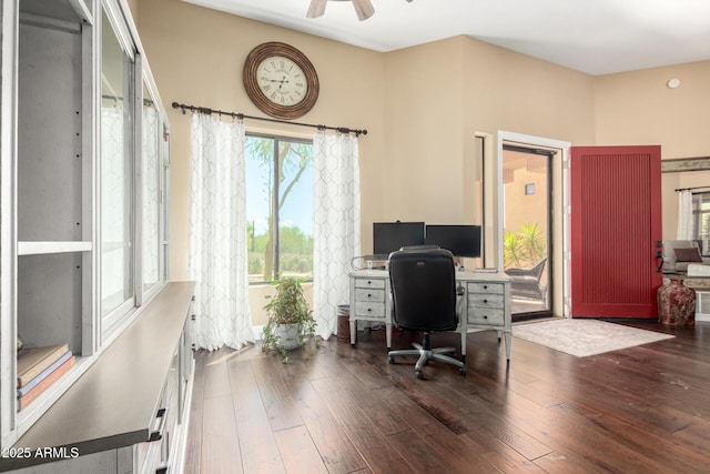 office space featuring wood-type flooring and ceiling fan