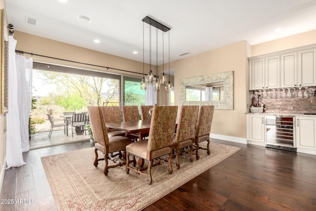 dining area with visible vents, recessed lighting, wine cooler, and a healthy amount of sunlight