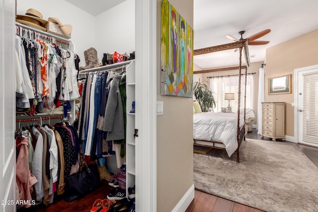 walk in closet with a ceiling fan and wood finished floors