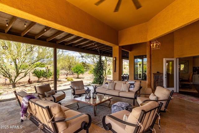 view of patio with fence and an outdoor living space