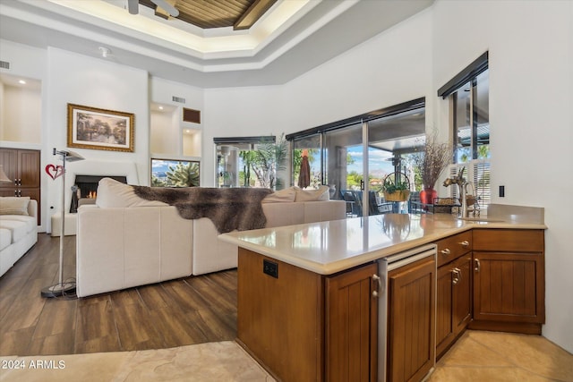 interior space with a raised ceiling, hardwood / wood-style floors, kitchen peninsula, sink, and a high ceiling