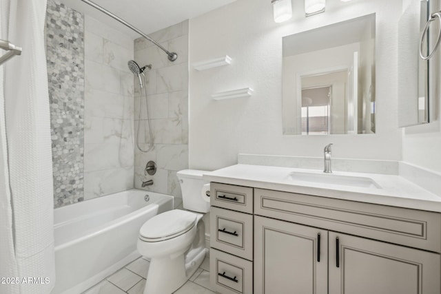 bathroom featuring shower / bath combination with curtain, vanity, and toilet