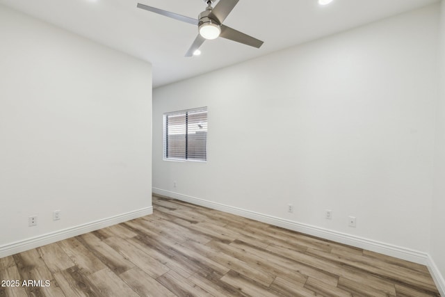 unfurnished room featuring light wood-style floors, recessed lighting, baseboards, and a ceiling fan