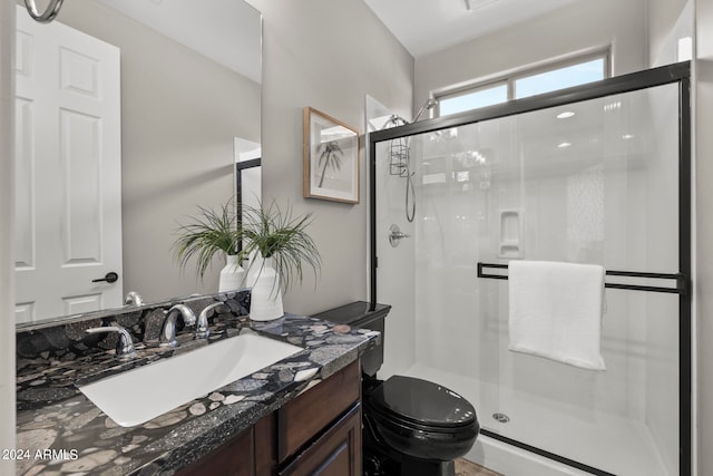 bathroom featuring toilet, vanity, and walk in shower