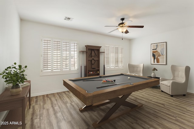 playroom with visible vents, ceiling fan, wood finished floors, billiards, and baseboards