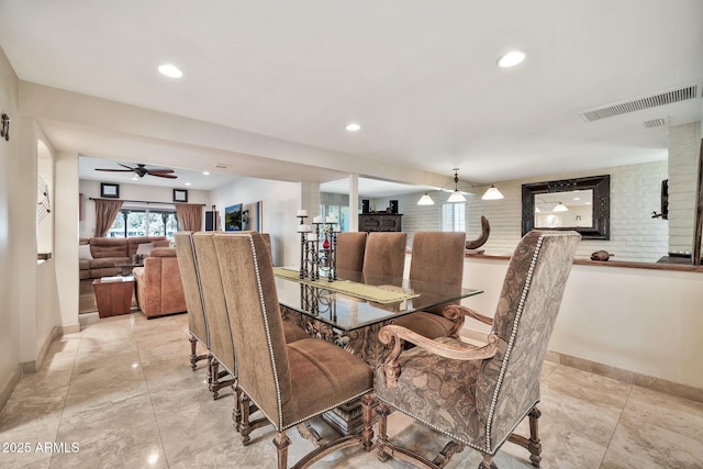 dining area with visible vents, recessed lighting, baseboards, and a ceiling fan